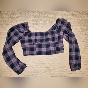 Cropped Long Puff Peasant Sleeve Purple Plaid top